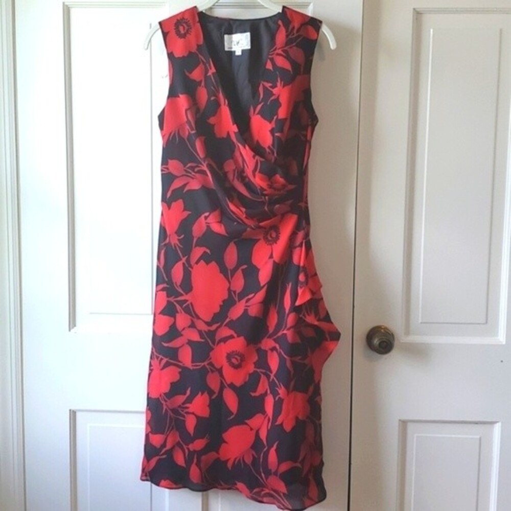 DONNA RICCO TROPICAL FLORAL PRINT WRAP DRESS RED BLACK SIZE 6 FALL HOLIDAY